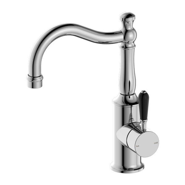 YORK BASIN MIXER HOOK SPOUT WITH BLACK PORCELAIN LEVER CHROME