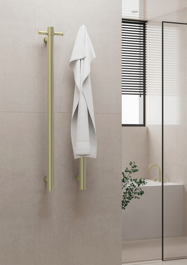 HEATED VERTICAL TOWEL RAIL BRUSHED GOLD