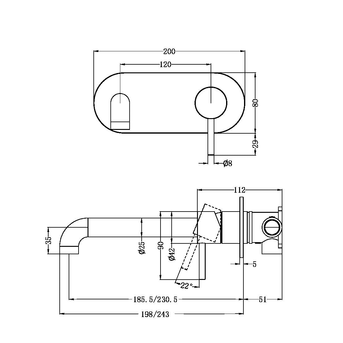 ZEN SS316L WALL BASIN/BATH MIXER 185MM SPOUT BRUSHED BRONZE