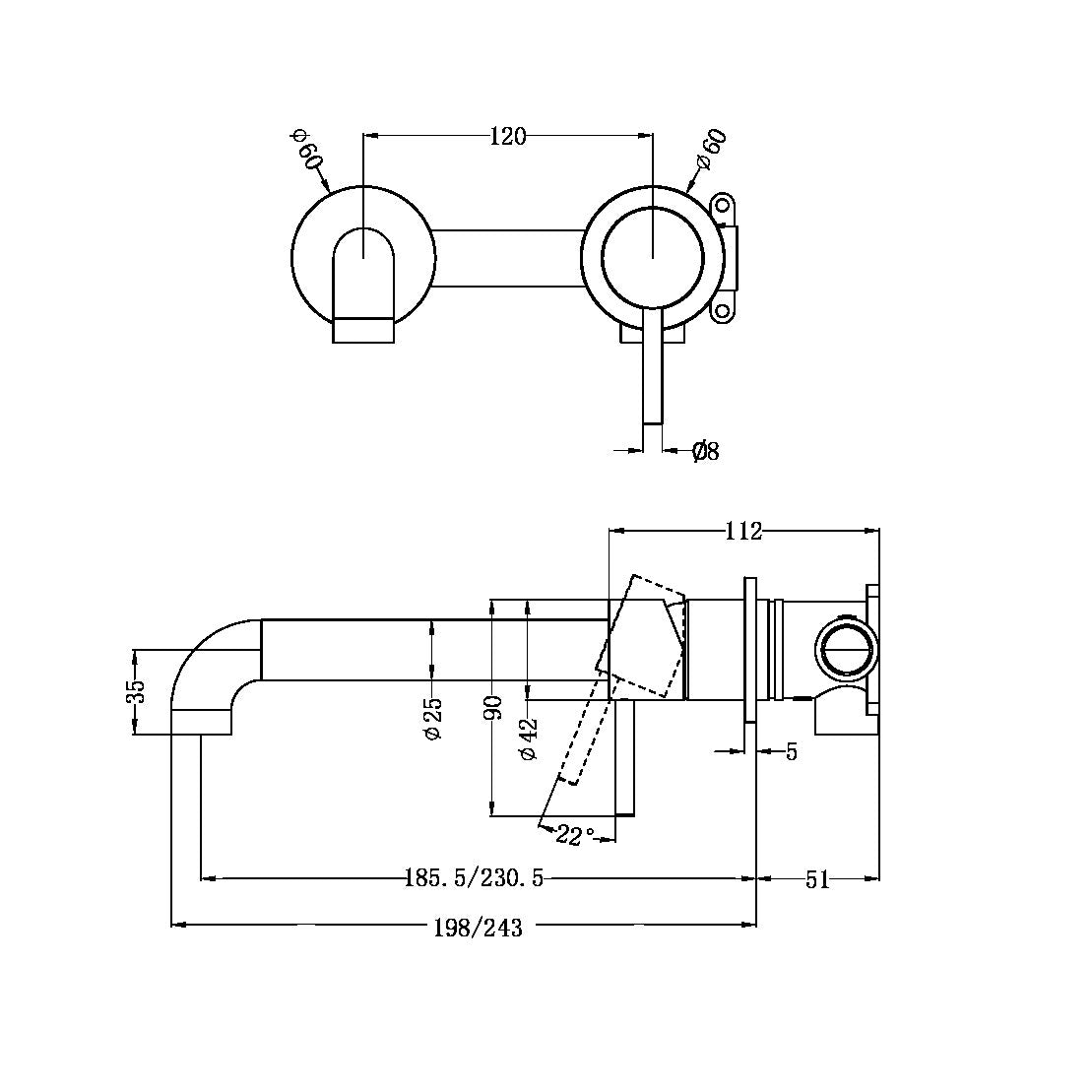 ZEN SS316L WALL BASIN/BATH MIXER SEPARATE BACK PLATE 230MM SPOUT BRUSHED BRONZE