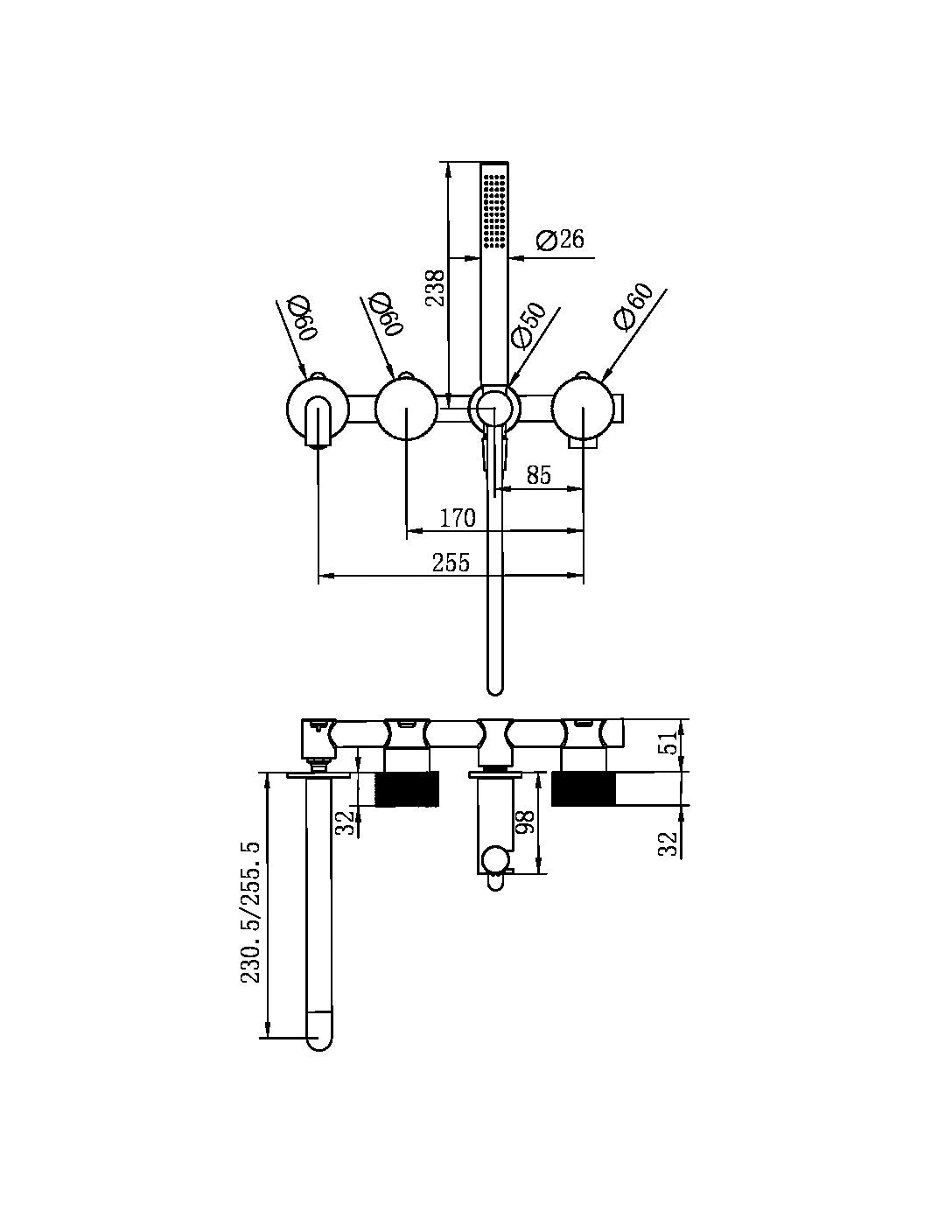 OPAL PROGRESSIVE SHOWER SYSTEM SEPARATE PLATE WITH SPOUT 230MM GRAPHITE