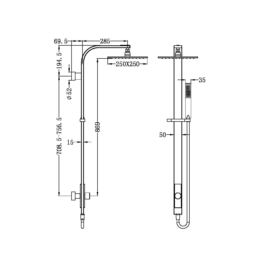 ASTRA RAIN SQUARE TWIN SHOWER SINGLE HOSE MATTE BLACK