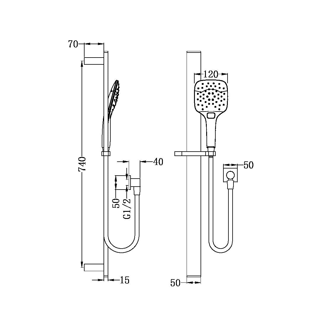 RAIN SQUARE 3 FUNCTION SHOWER RAIL MATTE BLACK