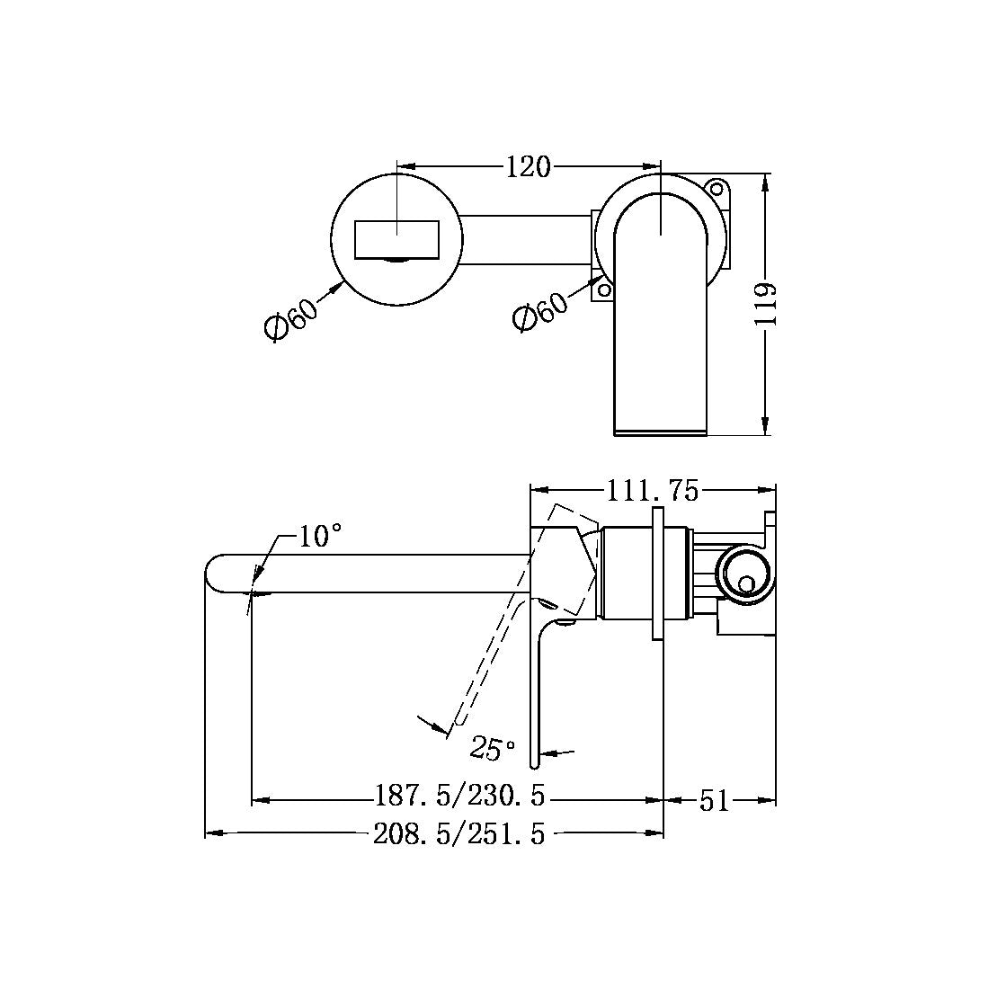 BIANCA WALL BASIN/BATH MIXER SEPARATE BACK PLATE 230MM BRUSHED BRONZE