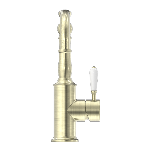 YORK BASIN MIXER HOOK SPOUT WITH WHITE PORCELAIN LEVER AGED BRASS