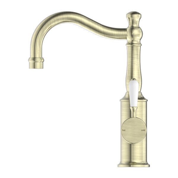 YORK BASIN MIXER HOOK SPOUT WITH WHITE PORCELAIN LEVER AGED BRASS