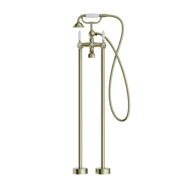 YORK FREESTANDING BATH SET WITH WHITE PORCELAIN HAND SHOWER AGED BRASS