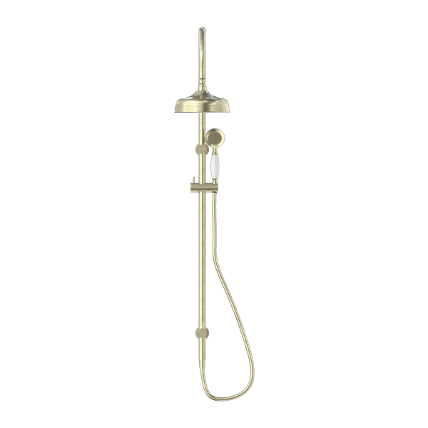 YORK TWIN SHOWER WITH WHITE PORCELAIN HAND SHOWER AGED BRASS