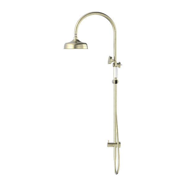 YORK TWIN SHOWER WITH WHITE PORCELAIN HAND SHOWER AGED BRASS