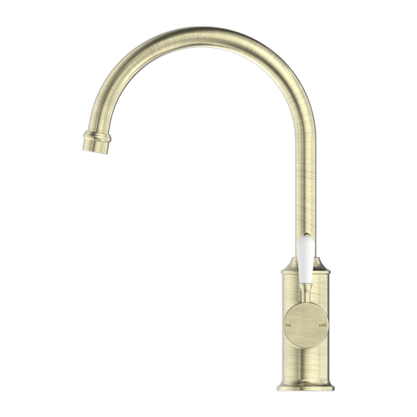 YORK KITCHEN MIXER GOOSENECK SPOUT WITH WHITE PORCELAIN LEVER AGED BRASS