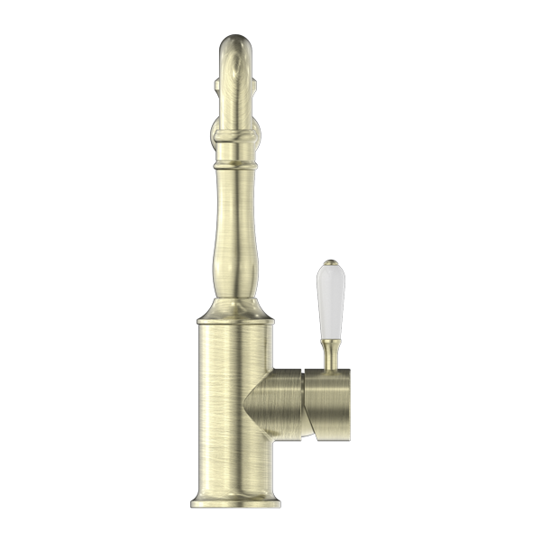 YORK KITCHEN MIXER HOOK SPOUT WITH WHITE PORCELAIN LEVER AGED BRASS