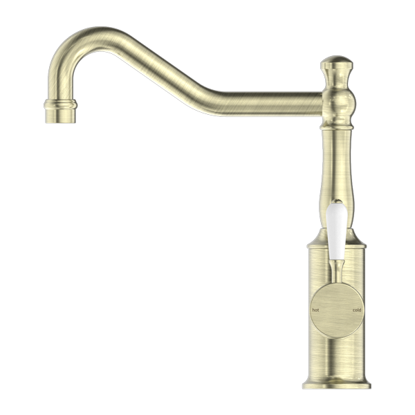 YORK KITCHEN MIXER HOOK SPOUT WITH WHITE PORCELAIN LEVER AGED BRASS