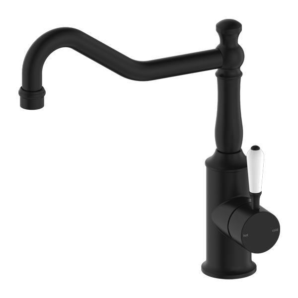 YORK KITCHEN MIXER HOOK SPOUT WITH WHITE PORCELAIN LEVER MATTE BLACK