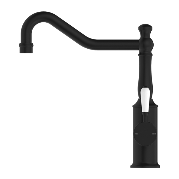 YORK KITCHEN MIXER HOOK SPOUT WITH WHITE PORCELAIN LEVER MATTE BLACK