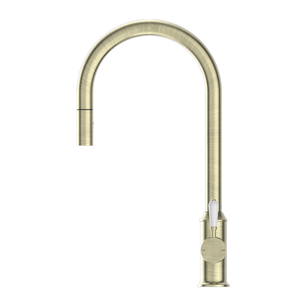 YORK PULL OUT SINK MIXER WITH VEGIE SPRAY FUNCTION WITH WHITE PORCELAIN LEVER AGED BRASS