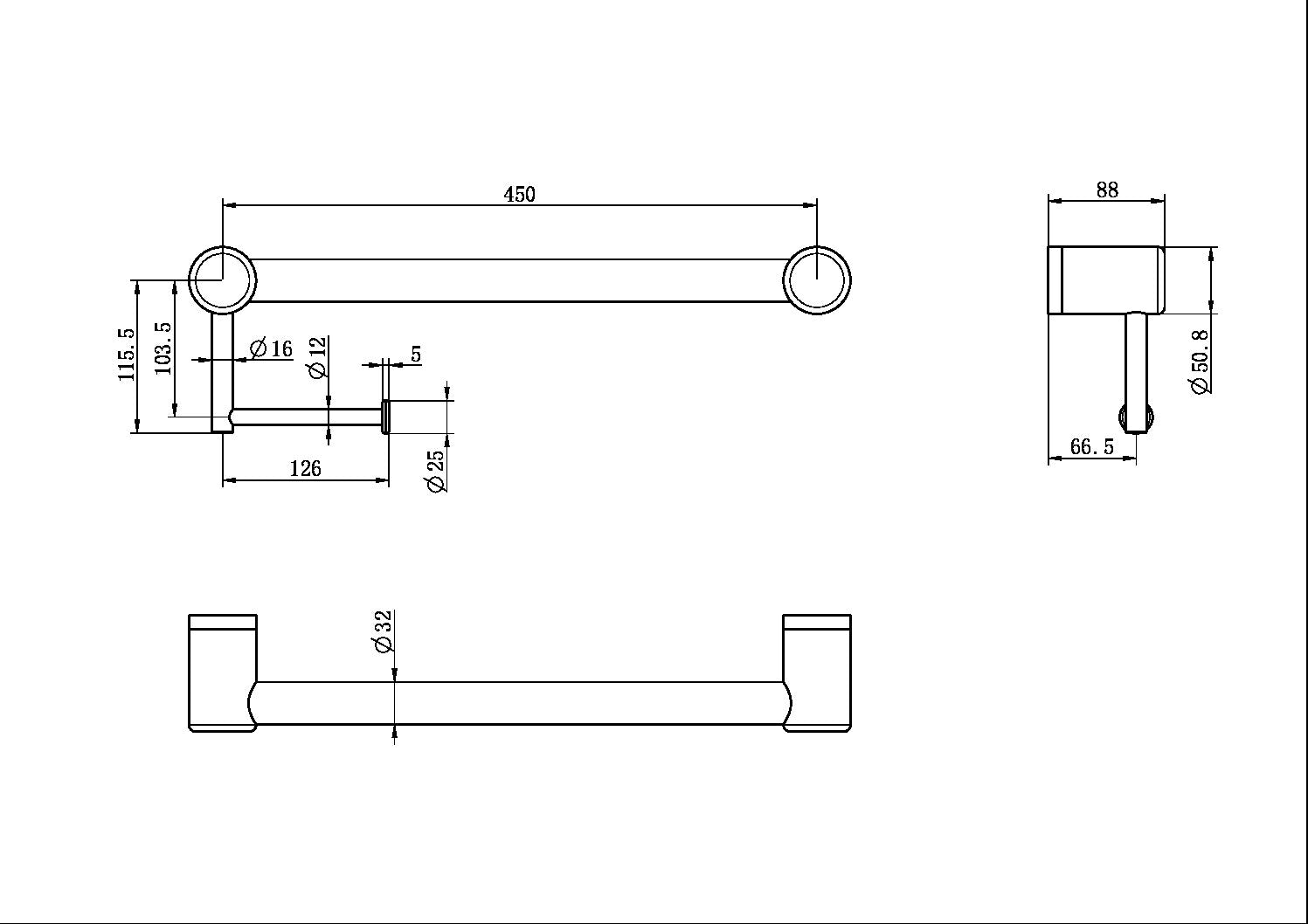 MECCA CARE 32MM GRAB RAIL WITH TOILET ROLL HOLDER 450MM MATTE BLACK