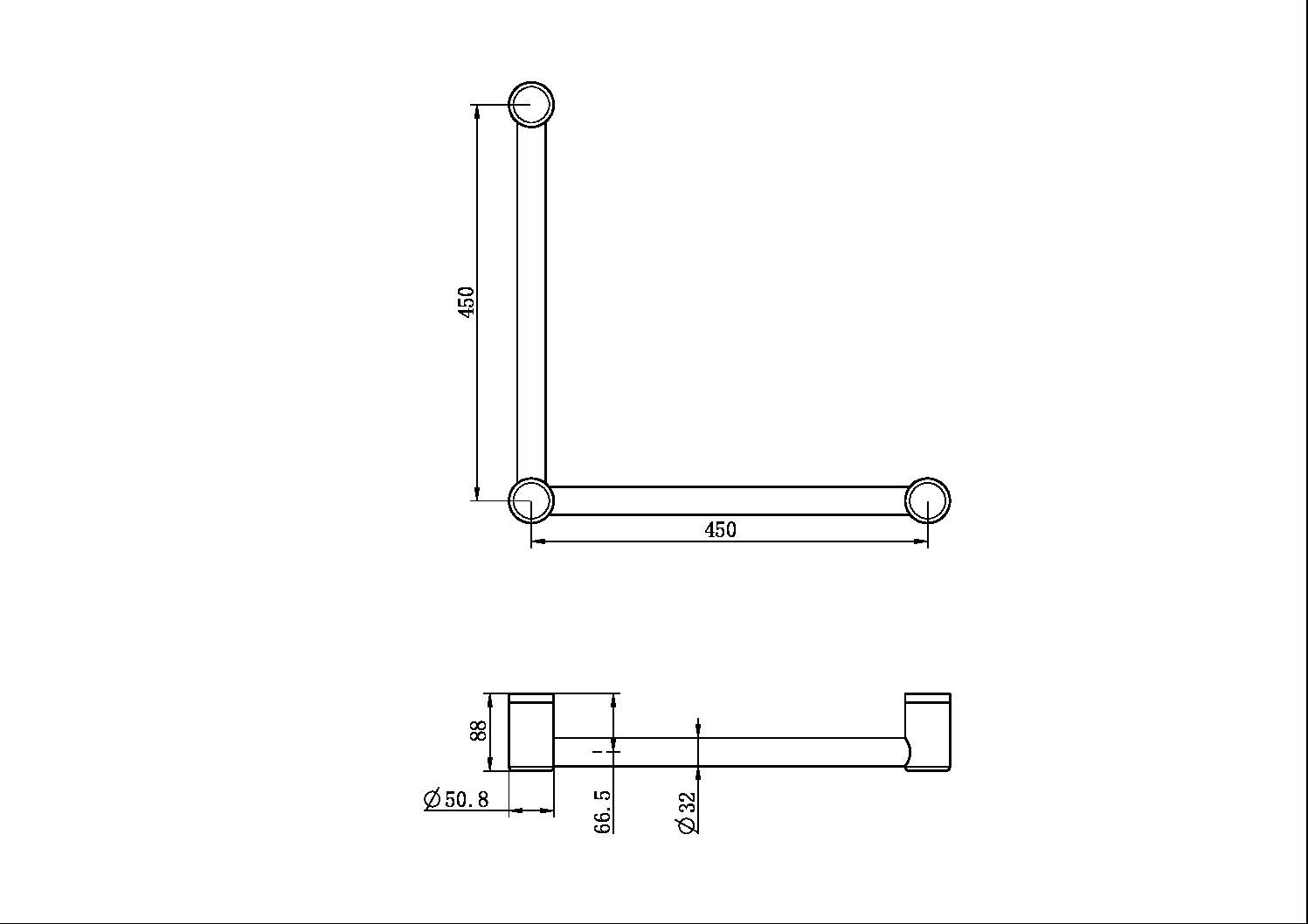 MECCA CARE 32MM AMBULANT TOILET GRAB RAIL 90 DEGREE 450x450MM CHROME