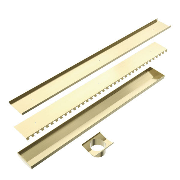 TILE INSERT V CHANNEL FLOOR GRATE 89MM OUTLET WITH HOLE SAW BRUSHED GOLD