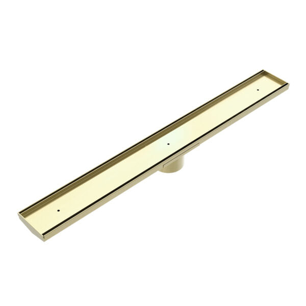 TILE INSERT V CHANNEL FLOOR GRATE 89MM OUTLET WITHOUT OUTLET AND HOLE SAW BRUSHED GOLD