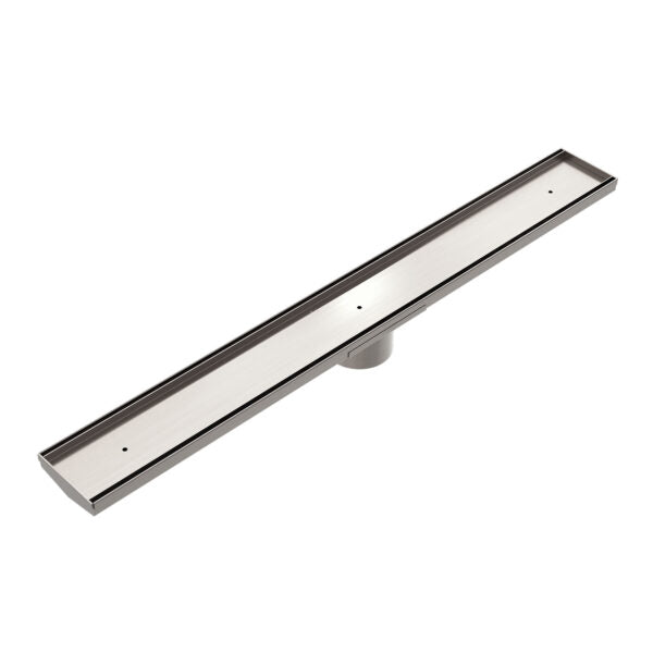 TILE INSERT V CHANNEL FLOOR GRATE 89MM OUTLET WITHOUT OUTLET AND HOLE SAW BRUSHED NICKEL