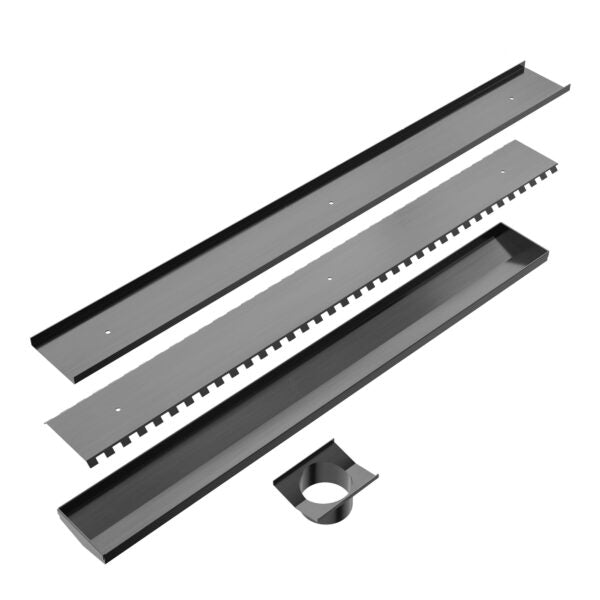 TILE INSERT V CHANNEL FLOOR GRATE 89MM OUTLET WITHOUT OUTLET AND HOLE SAW GUN METAL