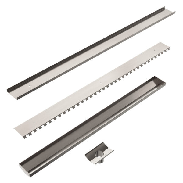 TILE INSERT V CHANNEL FLOOR GRATE 50MM OUTLET WITH HOLE SAW BRUSHED NICKEL