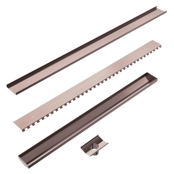 TILE INSERT V CHANNEL FLOOR GRATE 50MM OUTLET WITH HOLE SAW BRUSHED BRONZE