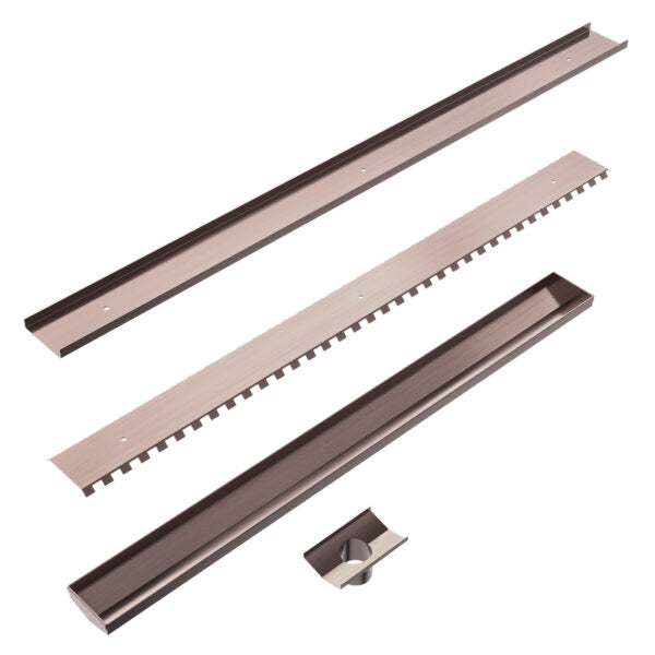TILE INSERT V CHANNEL FLOOR GRATE 50MM OUTLET WITHOUT OUTLET AND HOLE SAW BRUSHED BRONZE