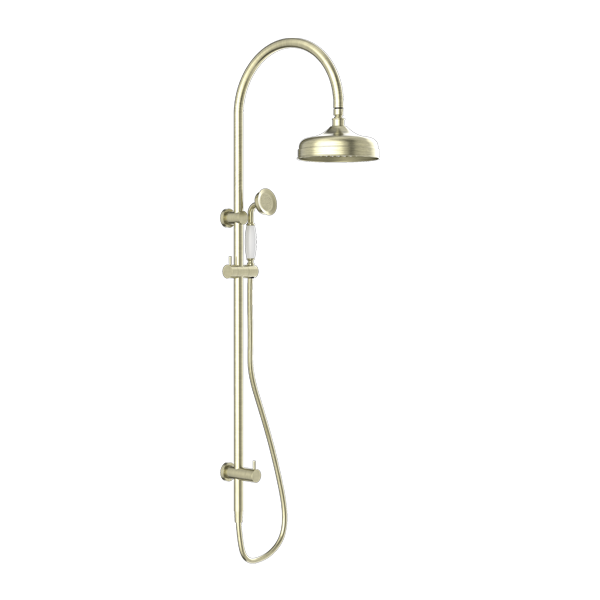 YORK TWIN SHOWER WITH WHITE PORCELAIN HAND SHOWER AGED BRASS
