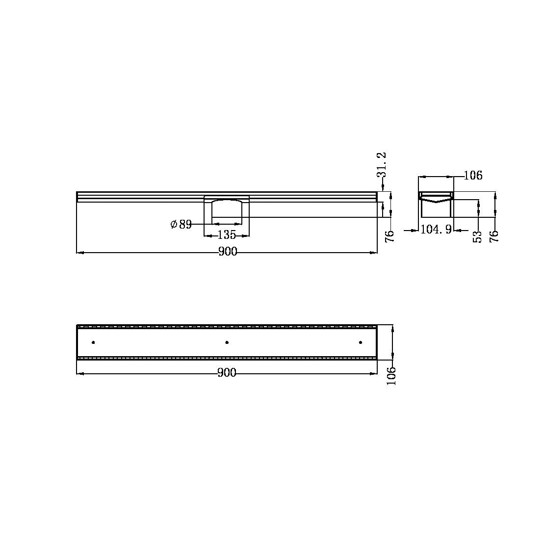 TILE INSERT V CHANNEL FLOOR GRATE 89MM OUTLET WITHOUT OUTLET AND HOLE SAW MATTE BLACK