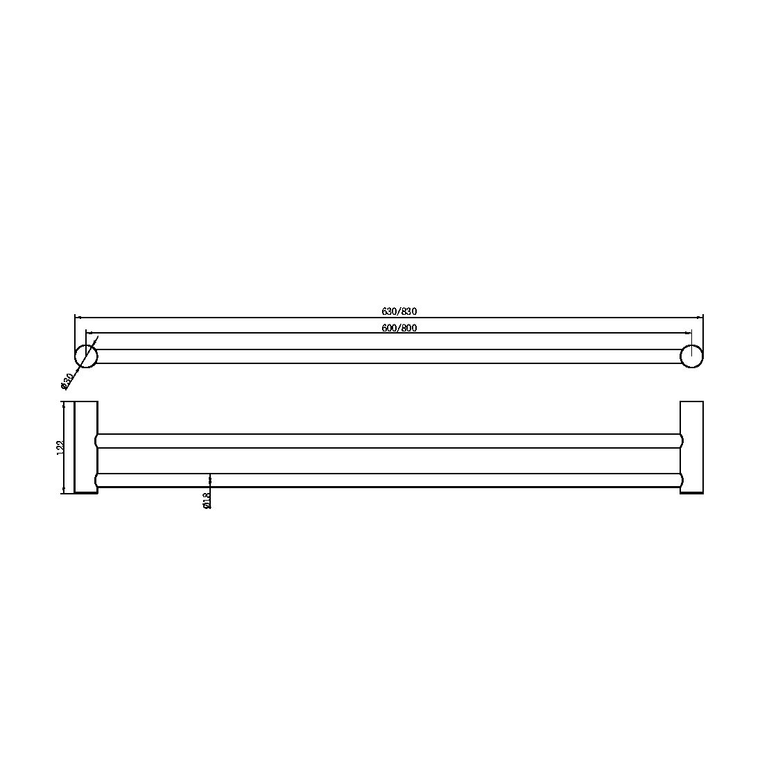ZEN SS316L DOUBLE TOWEL RAIL 800MM BRUSHED NICKEL