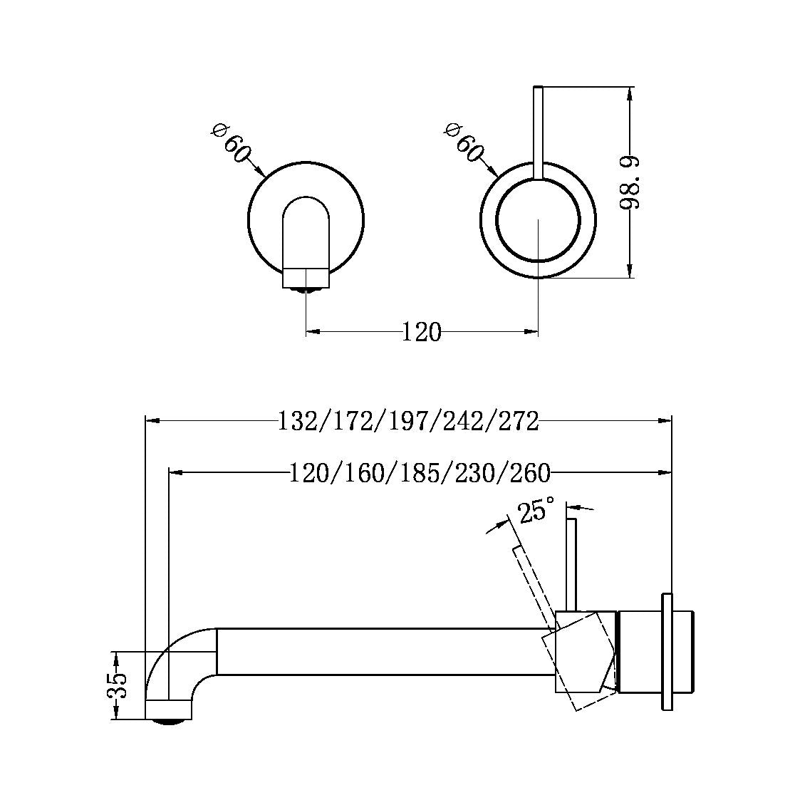 MECCA WALL BASIN/BATH MIXER SEPARETE BACK PLATE HANDLE UP 230MM CHROME