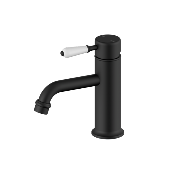 YORK STRAIGHT BASIN MIXER WITH WHITE PORCELAIN LEVER MATTE BLACK