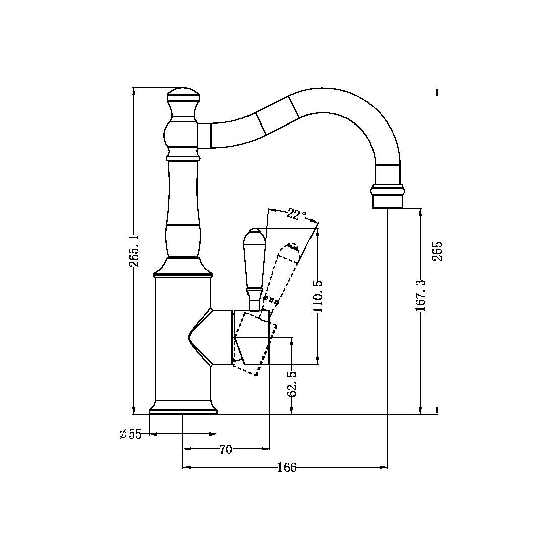 YORK BASIN MIXER HOOK SPOUT WITH METAL LEVER AGED BRASS