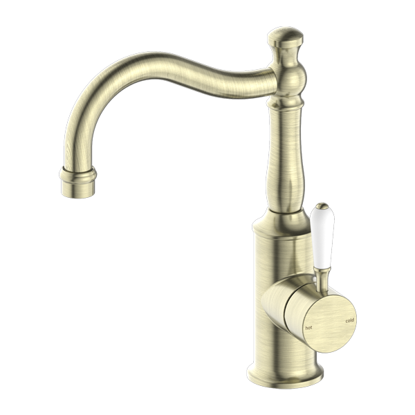 YORK BASIN MIXER HOOK SPOUT WITH WHITE PORCELAIN LEVER AGED BRASS