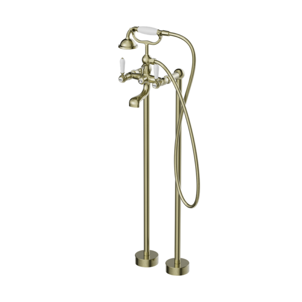 YORK FREESTANDING BATH SET WITH WHITE PORCELAIN HAND SHOWER AGED BRASS
