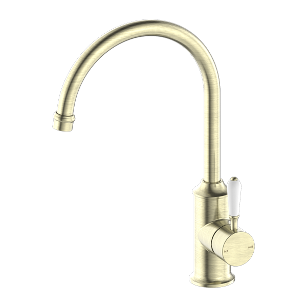 YORK KITCHEN MIXER GOOSENECK SPOUT WITH WHITE PORCELAIN LEVER AGED BRASS