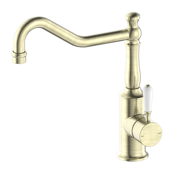 YORK KITCHEN MIXER HOOK SPOUT WITH WHITE PORCELAIN LEVER AGED BRASS