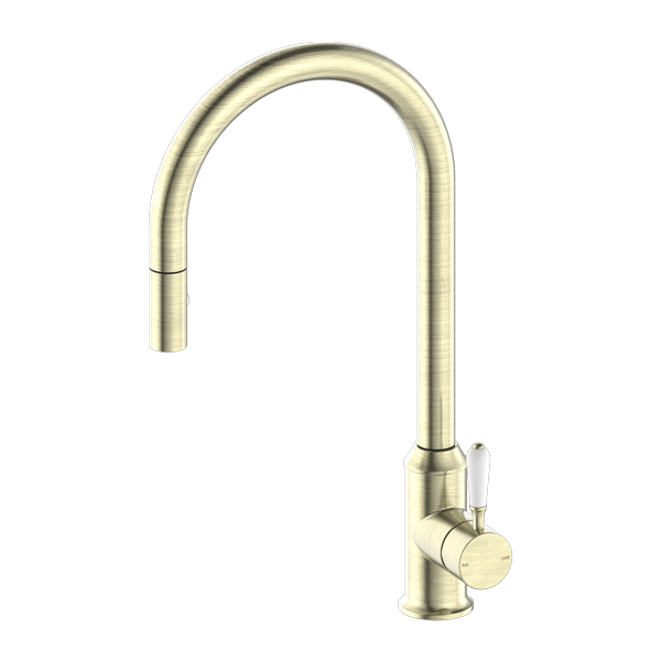 YORK PULL OUT SINK MIXER WITH VEGIE SPRAY FUNCTION WITH WHITE PORCELAIN LEVER AGED BRASS