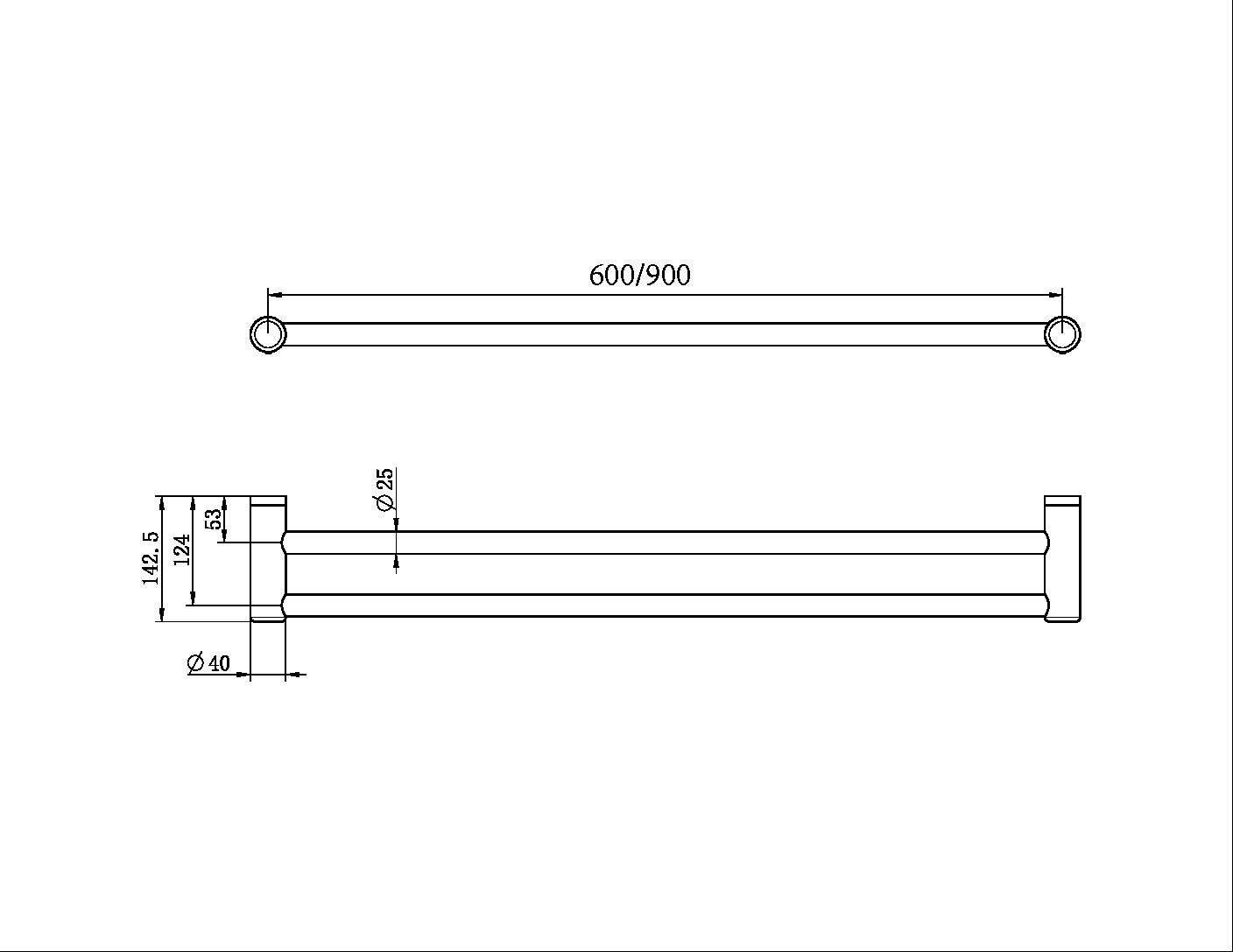 MECCA CARE 25MM DOUBLE TOWEL GRAB RAIL 600MM MATTE BLACK