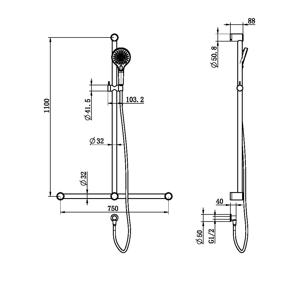 MECCA CARE 32MM T BAR GRAB RAIL AND ADJUSTABLE SHOWER SET 1100X750MM BRUSHED NICKEL