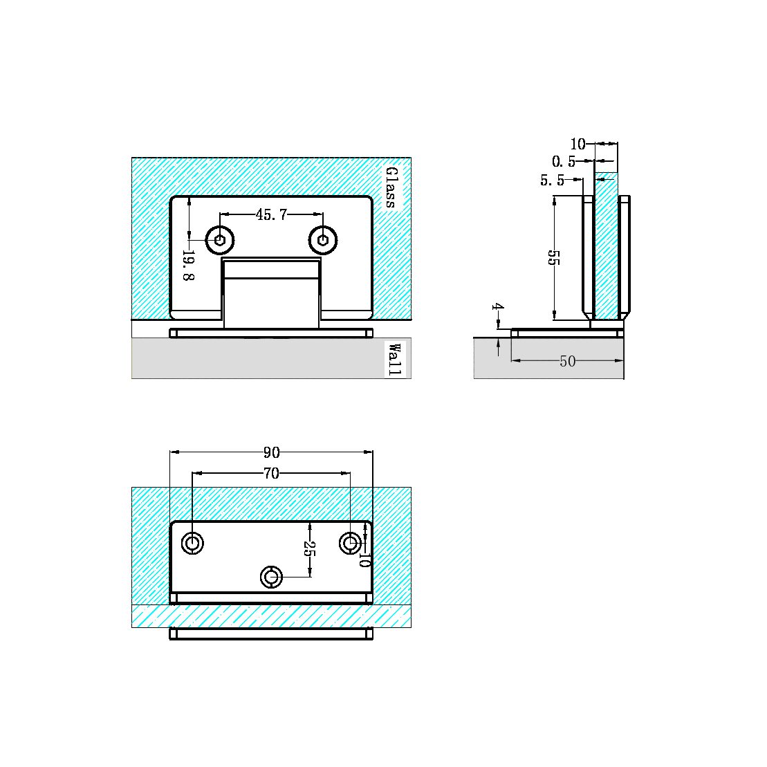 90 DEGREE GLASS TO WALL SHOWER HINGE 10MM GLASS GUN METAL